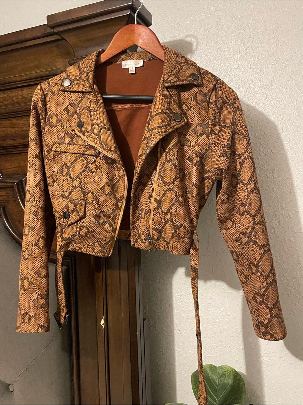 Triple 7 Brown Snake-Print Cropped Moto Jacket
